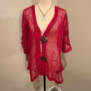 Kaktus netted see-trough asymmetrical Cardigan with Large Wood Buttons, size Sm